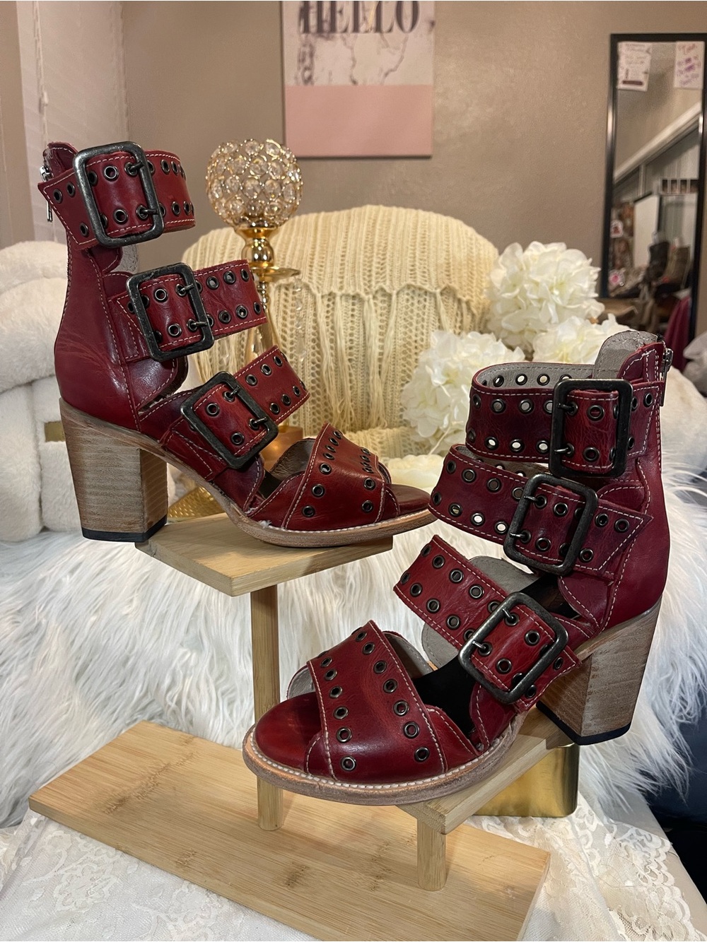 Freebird by Steven NWT/NIB/RARE Blake Studded Heeled Booties Sandal in Deep Red